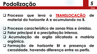 5
Slide
Podolização
 Processo que leva a TRANSLOCAÇÃO de
material do horizonte A e acumulando no B.
 Processo característico de zonas frias e úmidas.
 Fator principal é a precipitação intensa.
 Acumulação de argila silicatada e matéria
orgânica.
 Formação de horizonte Bt e presença de
cerosidade, havendo diferença entre os perfis.
 