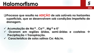 5
Slide
Halomorfismo
Processo que resulta na ADIÇÃO de sais solúveis no horizontes
superficiais, que se desenvolvem sob condições imperfeita de
drenagem.
 Acumulação de Na+2 , Ca+2 , Mg+2 e K+
 Ocorrem em regiões áridas, semi-áridas e costeiras 
Precipitação < Transpiração.
 Caracteristica de solos salinos Ce: 4ds/m.
 