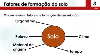3
Slide
Fatores de formação do solo
Os que levam a fatores de formação de um solo são:
ClimaRelevo
Tempo
Organismo
Solo
Material de
origem
 