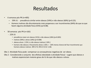 Resultados
• 6 semanas pós PR (n=405)
– 59% IU - prevalência similar entre obesos (54%) e não obesos (60%) (p=0.25).
– Homens inativos são discretamente mais propensos a ser incontinentes (64%) do que os que
fazem alguma atividade fisica (55%) (p=0.08).
• 58 semanas pós PR (n=165)
- 22% IU
• prevalência maior em obesos (31%) x não obesos (18%) (p=0.005)
• inativos (30%) x ativos (18%) (p=0.008)
• obesos ativos ( 25% ) e não obesos inativos ( 24% )
• homens não obesos e fisicamente ativos ( 16% ) – 26% menos chance de ficar incontinente que
homens obesos inativos (RR 0.74, 95% CI 0.52–1.06)
Obs 1- Atividade física pode compensar as consequências negativas de ser obeso.
Obs 2 - Considerando o conjunto dos efeitos( obesidade e atividade fisica) – sugere que obesos e
inativos experenciam maiores graus de IU do que não obesos e ativos.
 