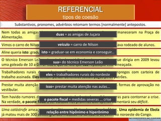 REFERENCIAL
                                    tipos de coesão
       Substantivos, pronomes, advérbios retomam termos [normalmente] antepostos.
Nem todas as amigas de Juçara saíram do GV Shopping. Duas permaneceram na Praça de
                             duas = as amigas de Juçara
Alimentação.
Vimos o carro de Nilson se aproximando. Minutosde Nilson veículo estava rodeado de alunos.
                                  veículo = carro depois, o
Aline queria isto: graduar-se = graduar-se emconseguir um emprego.
                         isto em Economia e economia e conseguir...
O técnico Emerson Leão saiu vaiado do estádio depois que o time que dirigia em 2009 levou
                               sua= do técnico Emerson Leão
uma goleada de 10 a 0. Por isso é que se fala que sua reputação está ameaçada.
Trabalhadores rurais do nordeste estão se recusando a aceitar empregos com carteira de
                           eles = trabalhadores rurais do nordeste
trabalho assinada. Eles temem perder benefícios sociais pagos pelos patrões.
Prestar muita atenção nas isso= prestar muita atenção nas aulas... das formas de aprovação no
                           aulas e fazer os exercícios; isso é uma
vestibular.
Tem havido rumores de que o governo estadual estuda medidas severas para contornar a crise.
                         o pacote fiscal = medidas severas ... crise
Na verdade, o pacote fiscal a ser editado nos próximos dias apenas aumentará seu déficit.
Uma catástrofe ameaça uma das últimas colônias de gorilas da África. Uma epidemia de Ebola
                          relação entre hipônimo e hiperônimo
já matou mais de 300 desses grandes macacos no santuário de Lossi, no noroeste do Congo.
 