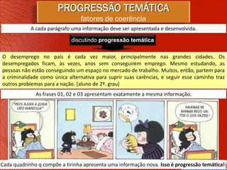 PROGRESSÃO TEMÁTICA
                                fatores de coerência
            A cada parágrafo uma informação deve ser apresentada e desenvolvida.

                             discutindo progressão temática

O desemprego no país é cada vez maior, principalmente nas grandes cidades. Os
desempregados ficam, às vezes, anos sem conseguirem emprego. Mesmo estudando, as
pessoas não estão conseguindo um espaço no mercado de trabalho. Muitos, então, partem para
a criminalidade como única alternativa para suprir suas carências, e seguir esse caminho traz
outros problemas para a nação. [aluno de 2º. grau]
              As frases 01, 02 e 03 apresentam exatamente a mesma informação.




Cada quadrinho q compõe a tirinha apresenta uma informação nova. Isso é progressão temática!
 