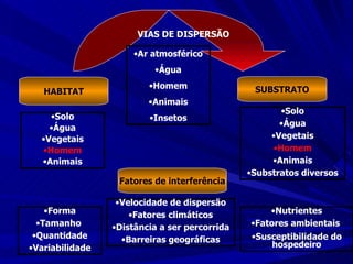 HABITAT SUBSTRATO VIAS DE DISPERSÃO Solo Água Vegetais Homem Animais Solo Água Vegetais Homem Animais Substratos diversos Ar atmosférico Água Homem Animais Insetos Fatores de interferência Forma Tamanho  Quantidade Variabilidade Velocidade de dispersão Fatores climáticos Distância a ser percorrida Barreiras geográficas Nutrientes Fatores ambientais  Susceptibilidade do hospedeiro 