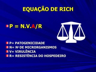 EQUAÇÃO DE RICH P = N.V. A /R P= PATOGENICIDADE N= N o  DE MICRORGANISMOS V= VIRULÊNCIA R= RESISTÊNCIA DO HOSPEDEIRO 