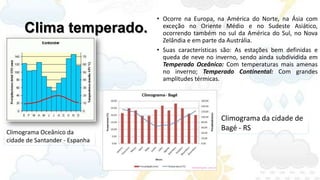 • Ocorre na Europa, na América do Norte, na Ásia com
      Clima temperado.            exceção no Oriente Médio e no Sudeste Asiático,
                                  ocorrendo também no sul da América do Sul, no Nova
                                  Zelândia e em parte da Austrália.
                                • Suas características são: As estações bem definidas e
                                  queda de neve no inverno, sendo ainda subdividida em
                                  Temperado Oceânico: Com temperaturas mais amenas
                                  no inverno; Temperado Continental: Com grandes
                                  amplitudes térmicas.




                                                     Climograma da cidade de
                                                     Bagé - RS
Climograma Oceânico da
cidade de Santander - Espanha
 