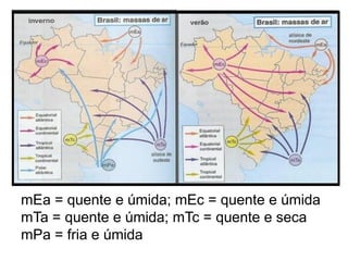 mEa = quente e úmida; mEc = quente e úmida 
mTa = quente e úmida; mTc = quente e seca 
mPa = fria e úmida  