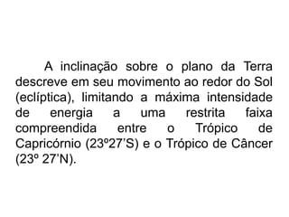 A inclinação sobre o plano da Terra descreve em seu movimento ao redor do Sol (eclíptica), limitando a máxima intensidade de energia a uma restrita faixa compreendida entre o Trópico de Capricórnio (23º27’S) e o Trópico de Câncer (23º 27’N).  