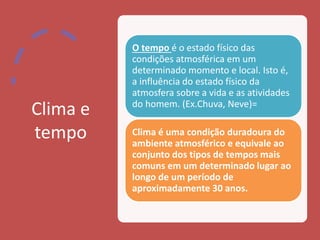 Clima e
tempo
O tempo é o estado físico das
condições atmosférica em um
determinado momento e local. Isto é,
a influência do estado físico da
atmosfera sobre a vida e as atividades
do homem. (Ex.Chuva, Neve)=
Clima é uma condição duradoura do
ambiente atmosférico e equivale ao
conjunto dos tipos de tempos mais
comuns em um determinado lugar ao
longo de um período de
aproximadamente 30 anos.
 