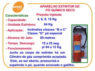 APARELHO EXTINTOR DE
                              PÓ QUÍMICO SECO
Características        Pressão Injetada
- Capacidade:          4, 6, 8, 12 Kg
- Unidade Extintora:      04 Kg
- Aplicação:  Incêndios classes “B e C”
              Classe “D” pó especial
- Alcance do Jato:    05 metros
- Tempo Descarga:        15 a 25 seg.
- Funcionamento:         p/ 04 a 12 Kg
   Junto ao corpo do extintor há um
   Cilindro de gás comprimido acoplado.
   Este, ao ser aberto, pressurizá-o
   expelindo o pó, quando acionado o gatilho.
 