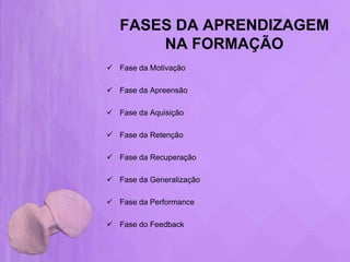 FASES DA APRENDIZAGEM
       NA FORMAÇÃO
 Fase da Motivação

 Fase da Apreensão

 Fase da Aquisição

 Fase da Retenção

 Fase da Recuperação

 Fase da Generalização

 Fase da Performance

 Fase do Feedback
 
