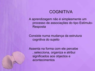 COGNITIVA
A aprendizagem não é simplesmente um
  processo de associações do tipo Estímulo-
  Resposta

Consiste numa mudança da estrutura
  cognitiva do sujeito

Assenta na forma com ele percebe
  , selecciona, organiza e atribui
  significados aos objectos e
  acontecimentos
 