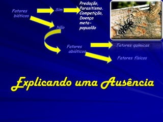 Predação,
            Sim         Parasitismo.
Fatores                 Competição,
 bióticos               Doença
                        meta-
            Não         popualão



                  Fatores              Fatores químicas
                   abióticos
                                       Fatores físicos




Explicando uma Ausência
 