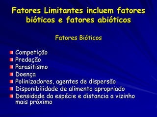 Fatores Limitantes incluem fatores
   bióticos e fatores abióticos

             Fatores Bióticos

Competição
Predação
Parasitismo
Doença
Polinizadores, agentes de dispersão
Disponibilidade de alimento apropriado
Densidade da espécie e distancia a vizinho
mais próximo
 