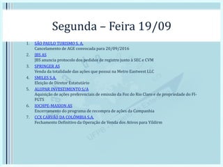 Segunda – Feira 19/09
1. SÃO PAULO TURISMO S. A.
Cancelamento de AGE convocada para 20/09/2016
2. JBS AS
JBS anuncia protocolo dos pedidos de registro junto à SEC e CVM
3. SPRINGER AS
Venda da totalidade das ações que possui na Metro Eastwest LLC
4. SMILES S.A.
Eleição de Diretor Estatutário
5. ALUPAR INVESTIMENTO S/A
Aquisição de ações preferenciais de emissão da Foz do Rio Claro e de propriedade do FI-
FGTS
6. IOCHPE-MAXION AS
Encerramento do programa de recompra de ações da Companhia
7. CCX CARVÃO DA COLÔMBIA S.A.
Fechamento Definitivo da Operação de Venda dos Ativos para Yildirm
 