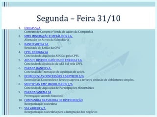 Segunda – Feira 31/10
1. UNIDAS S/A
Contrato de Compra e Venda de Ações da Companhia
2. MMX MINERAÇÃO E METÁLICOS S.A.
Alienação de Ativos da Subsidiária
3. BANCO SOFISA SA
Resultado do Leilão da OPA
4. CPFL ENERGIA SA
Conclusão da Aquisição AES Sul pela CPFL
5. AES SUL DISTRIB. GAÚCHA DE ENERGIA S.A.
Conclusão da aquisição da AES Sul pela CPFL
6. PARANA BANCO S.A.
Conclusão da Transação de aquisição de ações.
7. ECORODOVIAS CONCESSÕES E SERVIÇOS S/A
Ecorodovias Concessões e Serviços aprova a terceira emissão de debêntures simples.
8. MULTIPLAN EMP. IMOBILIARIOS S/A
Conclusão de Aquisição de Participações Minoritárias
9. PARANAPANEMA SA
Prorrogação Acordo Standstill
10. COMPANHIA BRASILEIRA DE DISTRIBUIÇÃO
Reorganização societária
11. VIA VAREJO S/A
Reorganização societária para a integração dos negócios
 
