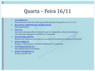Quarta – Feira 16/11
1. VIA VAREJO S/A
Esclarecimento sobre Fato Relevante publicado pela Companhia em 11/11/16
2. RB CAPITAL COMPANHIA DE SECURITIZAÇÃO
FATO RELEVANTE
3. TGLT S/A
Aprovação pelo Conselho de Administração da Companhia, a descontinuidade e o
cancelamento do programa de BDRs da Companhia
4. WILSON SONS LIMITED
Wilson Sons comunica renovação da concessão do Terminal de Container de Salvador
5. BANCO SOFISA SA
Resgate e Cancelamento das Ações de Emissão da Companhia
6. TELEFÔNICA BRASIL S.A.
Alteração de Diretor Presidente
7. BANCO SANTANDER S.A.
Acordo com WP e GA
 