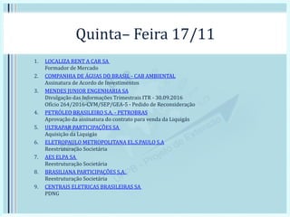 Quinta– Feira 17/11
1. LOCALIZA RENT A CAR SA
Formador de Mercado
2. COMPANHIA DE ÁGUAS DO BRASIL - CAB AMBIENTAL
Assinatura de Acordo de Investimentos
3. MENDES JUNIOR ENGENHARIA SA
Divulgação das Informações Trimestrais ITR - 30.09.2016
Ofício 264/2016-CVM/SEP/GEA-5 - Pedido de Reconsideração
4. PETRÓLEO BRASILEIRO S.A. - PETROBRAS
Aprovação da assinatura do contrato para venda da Liquigás
5. ULTRAPAR PARTICIPAÇÕES SA
Aquisição da Liquigás
6. ELETROPAULO METROPOLITANA EL.S.PAULO S.A
Reestruturação Societária
7. AES ELPA SA
Reestruturação Societária
8. BRASILIANA PARTICIPAÇÕES S.A.
Reestruturação Societária
9. CENTRAIS ELETRICAS BRASILEIRAS SA
PDNG
 