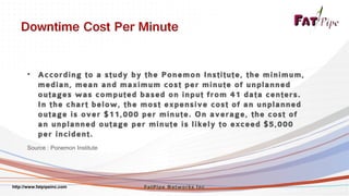 • According to a study by the Ponemon Institute, the minimum,
median, mean and maximum cost per minute of unplanned
outages was computed based on input from 41 data centers.
In the chart below, the most expensive cost of an unplanned
outage is over $11,000 per minute. On average, the cost of
an unplanned outage per minute is likely to exceed $5,000
per incident.
Source : Ponemon Institute

http://www.fatpipeinc.com

FatPipe Networks Inc

 