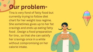 Tina is very fond of fatty food but
currently trying to follow diet
chart for her weight loss regime.
She sometimes gives up to her fat
cravings and ends up eating fatty
food . Design a food preparation
for tina , so that she can satisfy
her cravings once in a while
without compromising on her
calorie intake.
Our problem-
 