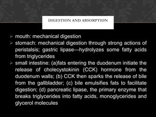 mouth: mechanical digestion stomach: mechanical digestion through strong actions of peristalsis; gastric lipase—hydrolyzes some fatty acids from triglycerides small intestine: (a)fats entering the duodenum initiate the release of cholecystokinin (CCK) hormone from the duodenum walls; (b) CCK then sparks the release of bile from the gallbladder; (c) bile emulsifies fats to facilitate digestion; (d) pancreatic lipase, the primary enzyme that breaks triglycerides into fatty acids, monoglycerides and glycerol molecules DIGESTION AND ABSORPTION 