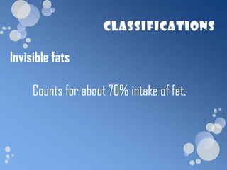 Invisible fats

     Counts for about 70% intake of fat.
 