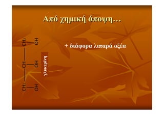 ΑπόΑπό χηµικήχηµική άποψηάποψη……
γλυκερίνη + διάφορα λιπαρά οξέα
 