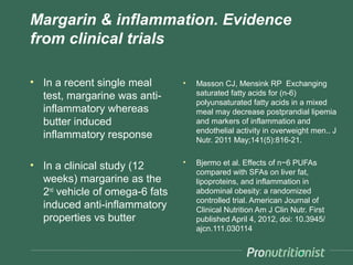 Margarin & inflammation. Evidence
from clinical trials

• In a recent single meal       •   Masson CJ, Mensink RP Exchanging
  test, margarine was anti-         saturated fatty acids for (n-6)
                                    polyunsaturated fatty acids in a mixed
  inflammatory whereas              meal may decrease postprandial lipemia
  butter induced                    and markers of inflammation and
                                    endothelial activity in overweight men.. J
  inflammatory response             Nutr. 2011 May;141(5):816-21.


• In a clinical study (12       •   Bjermo et al. Effects of n−6 PUFAs
                                    compared with SFAs on liver fat,
  weeks) margarine as the           lipoproteins, and inflammation in
  2nd vehicle of omega-6 fats       abdominal obesity: a randomized
                                    controlled trial. American Journal of
  induced anti-inflammatory         Clinical Nutrition Am J Clin Nutr. First
  properties vs butter              published April 4, 2012, doi: 10.3945/
                                    ajcn.111.030114
 