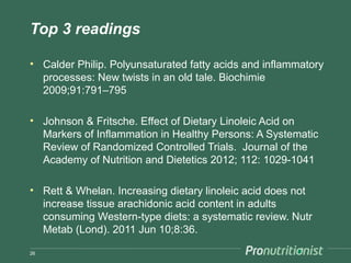 Top 3 readings

• Calder Philip. Polyunsaturated fatty acids and inflammatory
  processes: New twists in an old tale. Biochimie
  2009;91:791–795

• Johnson & Fritsche. Effect of Dietary Linoleic Acid on
  Markers of Inflammation in Healthy Persons: A Systematic
  Review of Randomized Controlled Trials. Journal of the
  Academy of Nutrition and Dietetics 2012; 112: 1029-1041

• Rett & Whelan. Increasing dietary linoleic acid does not
  increase tissue arachidonic acid content in adults
  consuming Western-type diets: a systematic review. Nutr
  Metab (Lond). 2011 Jun 10;8:36.

26
 