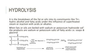 HYDROLYSIS
It is the breakdown of the fat or oils into its constituents like Tri-
hydric alcohol and fatty acids under the influence of superheated
steam or reaction with acids or alkalies
When fats or oils are boiled with sodium or potassium hydroxide sol”
the products are sodium or potassium salts of fatty acids i.e. soaps &
glycerol
 