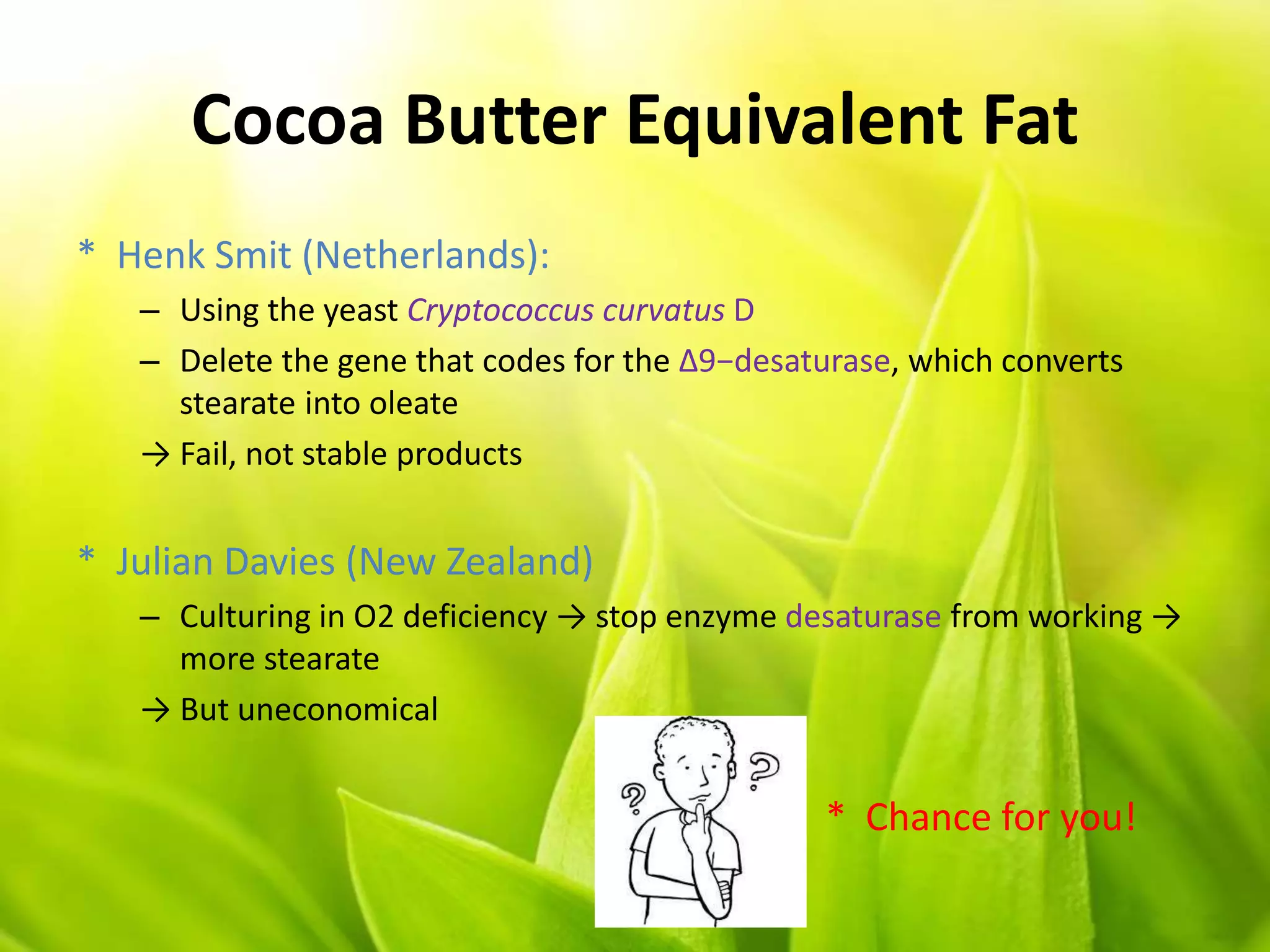 Cocoa Butter Equivalent Fat
* Henk Smit (Netherlands):
– Using the yeast Cryptococcus curvatus D
– Delete the gene that codes for the Δ9−desaturase, which converts
stearate into oleate
→ Fail, not stable products
* Julian Davies (New Zealand)
– Culturing in O2 deficiency → stop enzyme desaturase from working →
more stearate
→ But uneconomical
* Chance for you!
 