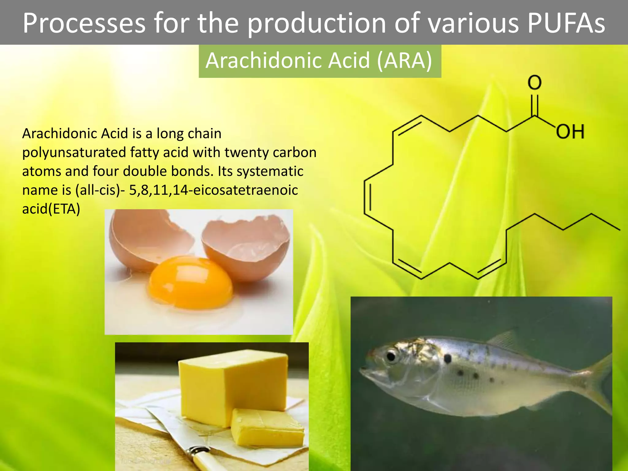 Arachidonic Acid (ARA)
Processes for the production of various PUFAs
Arachidonic Acid is a long chain
polyunsaturated fatty acid with twenty carbon
atoms and four double bonds. Its systematic
name is (all-cis)- 5,8,11,14-eicosatetraenoic
acid(ETA)
 