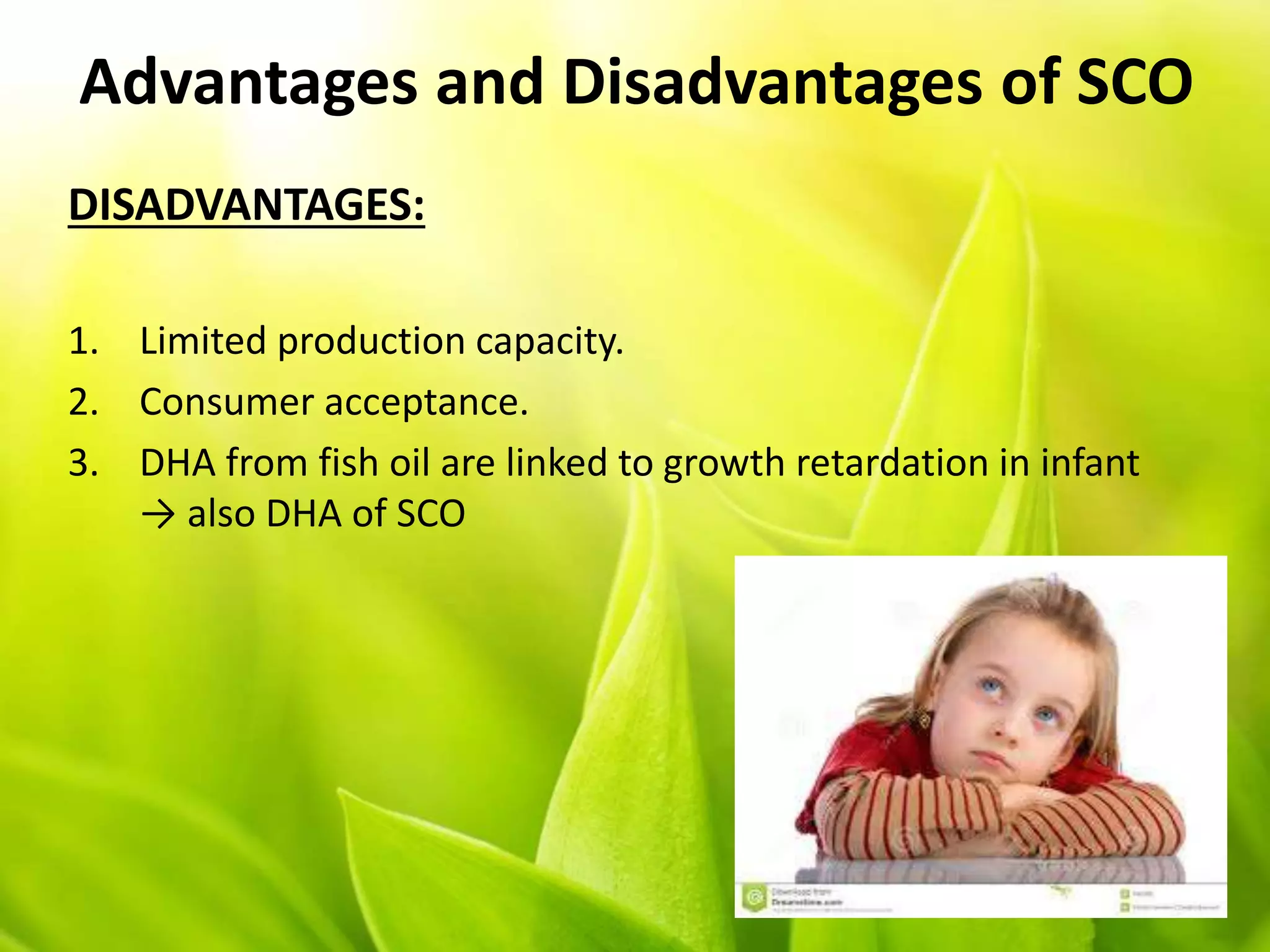 Advantages and Disadvantages of SCO
DISADVANTAGES:
1. Limited production capacity.
2. Consumer acceptance.
3. DHA from fish oil are linked to growth retardation in infant
→ also DHA of SCO
 