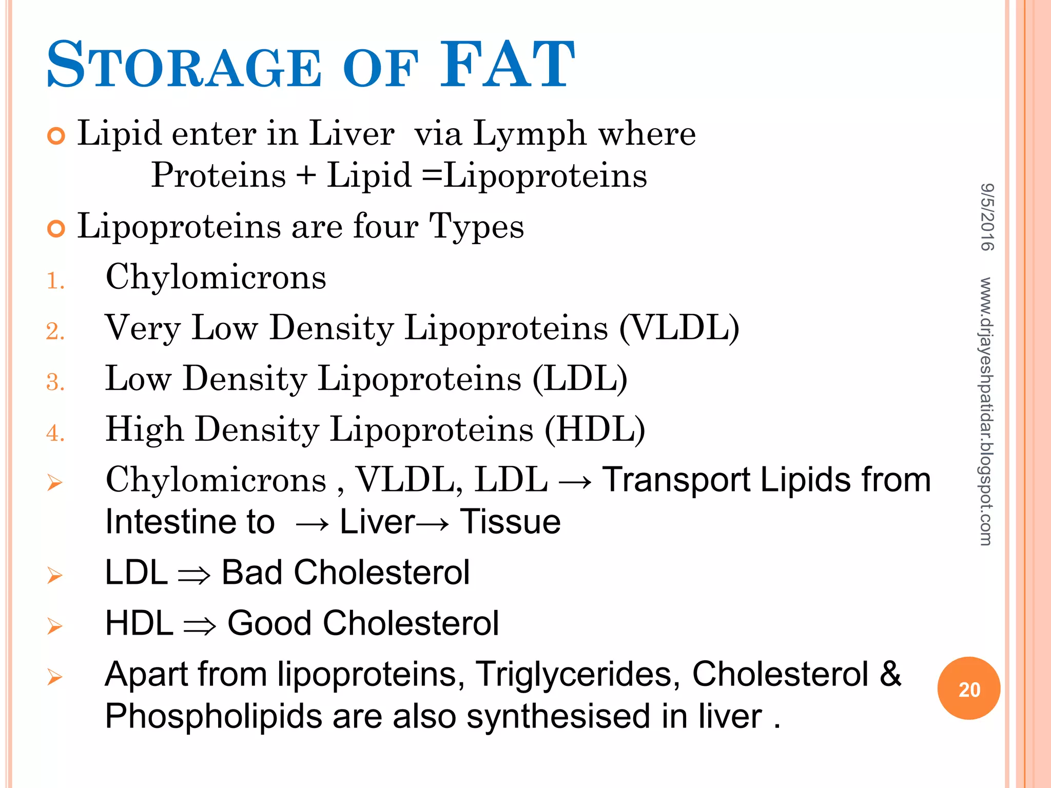 STORAGE OF FAT
 Lipid enter in Liver via Lymph where
Proteins + Lipid =Lipoproteins
 Lipoproteins are four Types
1. Chylomicrons
2. Very Low Density Lipoproteins (VLDL)
3. Low Density Lipoproteins (LDL)
4. High Density Lipoproteins (HDL)
 Chylomicrons , VLDL, LDL → Transport Lipids from
Intestine to → Liver→ Tissue
 LDL  Bad Cholesterol
 HDL  Good Cholesterol
 Apart from lipoproteins, Triglycerides, Cholesterol &
Phospholipids are also synthesised in liver .
9/5/2016
20
www.drjayeshpatidar.blogspot.com
 