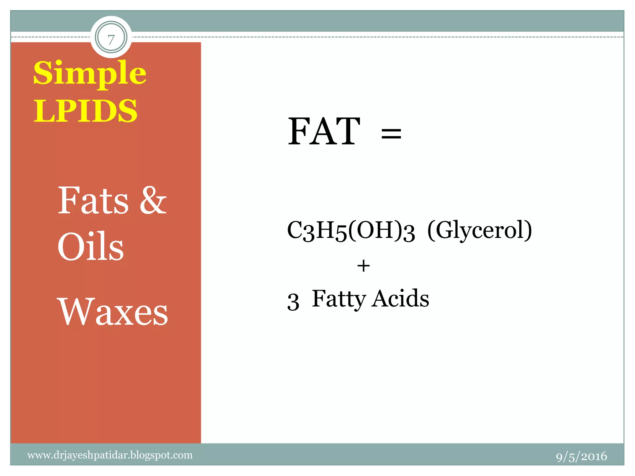 Simple
LPIDS
FAT =
C3H5(OH)3 (Glycerol)
+
3 Fatty Acids
1 Fats &
Oils
2 Waxes
9/5/2016
7
www.drjayeshpatidar.blogspot.com
 