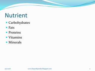Nutrient
 Carbohydrates
 Fats
 Proteins
 Vitamins
 Minerals
9/5/2016 2www.drjayeshpatidar.blogspot.com
 