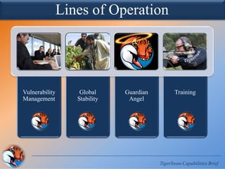 Vulnerability
Management
Global
Stability
Guardian
Angel
Training
Lines of Operation
TigerSwan Capabilities Brief
 