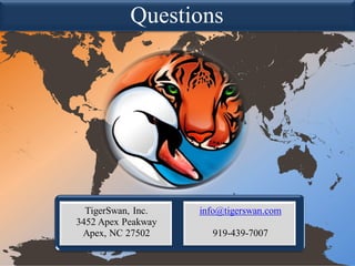 Questions
TigerSwan, Inc.
3452 Apex Peakway
Apex, NC 27502
info@tigerswan.com
919-439-7007
 
