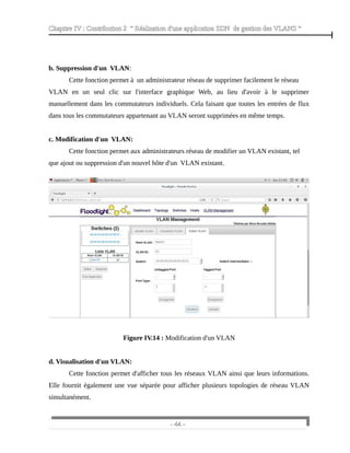 Chapitre IV : Contribution 2 “ Réalisation d'une application SDN de gestion des VLANS ”
b. Suppression d'un VLAN:
Cette fonction permet à un administrateur réseau de supprimer facilement le réseau
VLAN en un seul clic sur l'interface graphique Web, au lieu d'avoir à le supprimer
manuellement dans les commutateurs individuels. Cela faisant que toutes les entrées de flux
dans tous les commutateurs appartenant au VLAN seront supprimées en même temps.
c. Modification d'un VLAN:
Cette fonction permet aux administrateurs réseau de modifier un VLAN existant, tel
que ajout ou suppression d'un nouvel hôte d'un VLAN existant.
Figure IV.14 : Modification d'un VLAN
d. Visualisation d'un VLAN:
Cette fonction permet d'afficher tous les réseaux VLAN ainsi que leurs informations.
Elle fournit également une vue séparée pour afficher plusieurs topologies de réseau VLAN
simultanément.
- 44 -
 