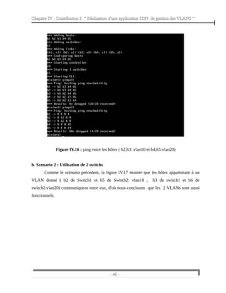Chapitre IV : Contribution 2 “ Réalisation d'une application SDN de gestion des VLANS ”
Figure IV.16 : ping entre les hôtes ( h2,h3: vlan10 et h4,h5:vlan20)
b. Scenario 2 : Utilisation de 2 switchs
Comme le scénario précédent, la figure IV.17 montre que les hôtes appartenant à un
VLAN donné ( h2 de Switch1 et h5 de Switch2: vlan10 , h3 de switch1 et h6 de
switch2:vlan20) communiquent entre eux, d'où nous concluons que les 2 VLANs sont aussi
fonctionnels.
- 46 -
 