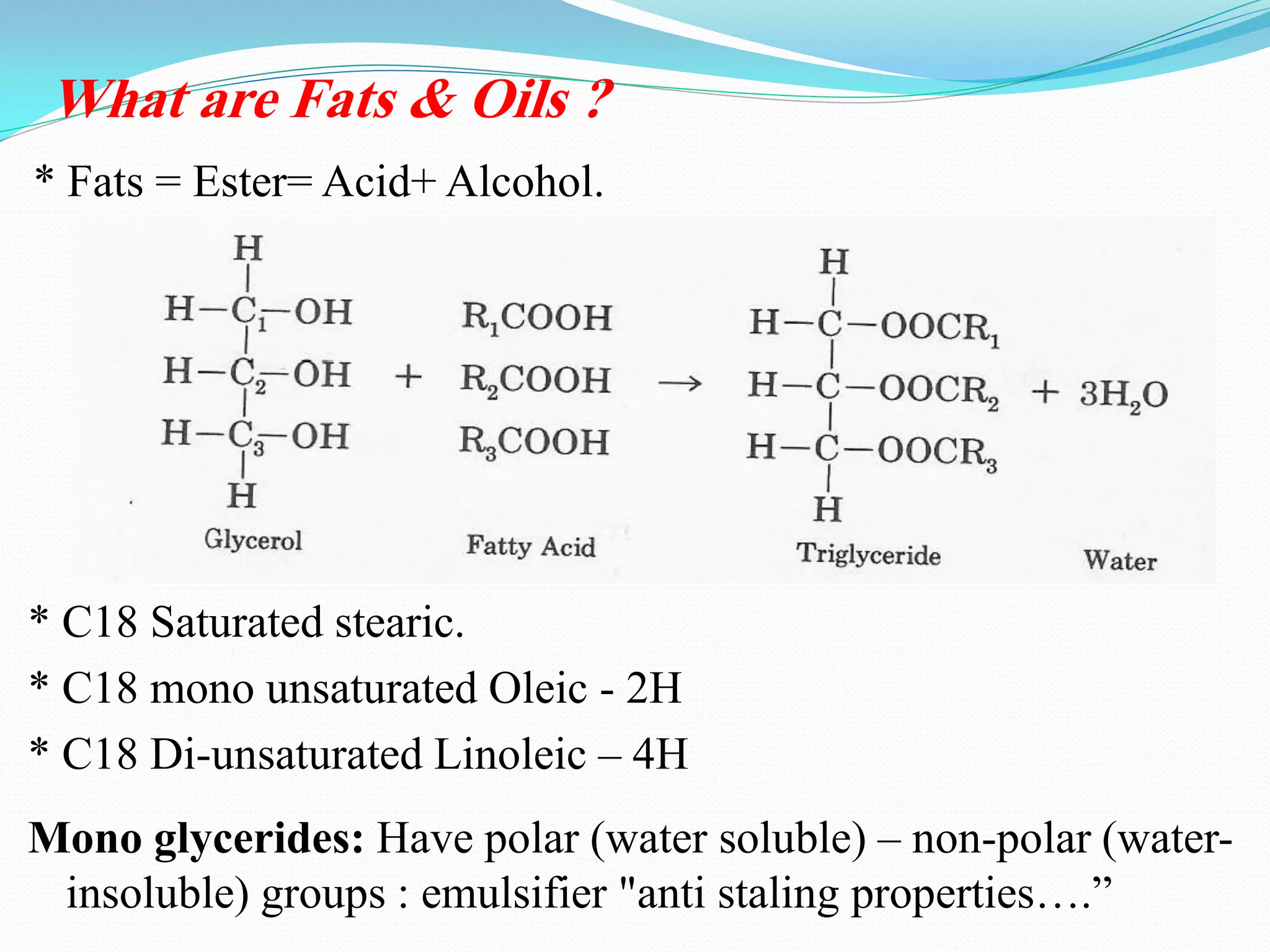 * C18 Saturated stearic.
* C18 mono unsaturated Oleic - 2H
* C18 Di-unsaturated Linoleic – 4H
Mono glycerides: Have polar (water soluble) – non-polar (water-
insoluble) groups : emulsifier "anti staling properties….”
What are Fats & Oils ?
* Fats = Ester= Acid+ Alcohol.
 