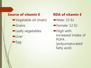 Source of vitamin E
Vegetable oil (main)
Grains
Leafy vegetables
Liver
Egg
RDA of vitamin E
Male: 15 IU
Female: 12 IU
High with
increased intake of
PUFA
(polyunsaturated
fatty acid)
 
