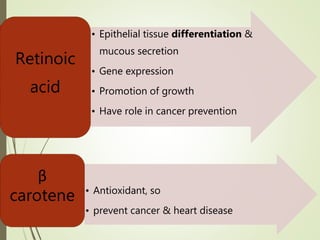 • Epithelial tissue differentiation &
mucous secretion
• Gene expression
• Promotion of growth
• Have role in cancer prevention
Retinoic
acid
• Antioxidant, so
• prevent cancer & heart disease
β
carotene
 