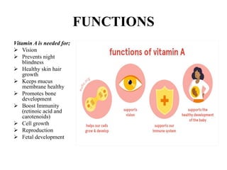 FUNCTIONS
Vitamin A is needed for;
 Vision
 Prevents night
blindness
 Healthy skin hair
growth
 Keeps mucus
membrane healthy
 Promotes bone
development
 Boost Immunity
(retinoic acid and
carotenoids)
 Cell growth
 Reproduction
 Fetal development
 