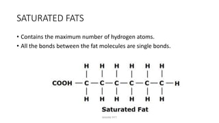 SATURATED FATS
• Contains the maximum number of hydrogen atoms.
• All the bonds between the fat molecules are single bonds.
MAXINE PITT
 