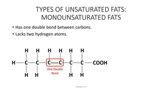 TYPES OF UNSATURATED FATS:
MONOUNSATURATED FATS
• Has one double bond between carbons.
• Lacks two hydrogen atoms.
MAXINE PITT
 