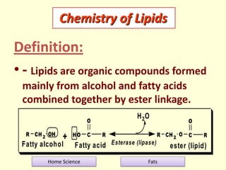 Chemistry of Lipids

Definition:
• - Lipids are organic compounds formed
mainly from alcohol and fatty acids
combined toge...