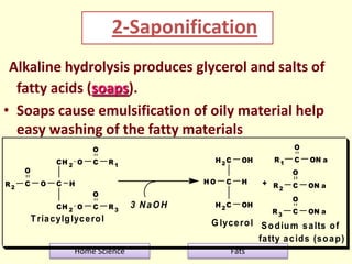 2-Saponification
Alkaline hydrolysis produces glycerol and salts of
fatty acids (soaps).
• Soaps cause emulsification of o...