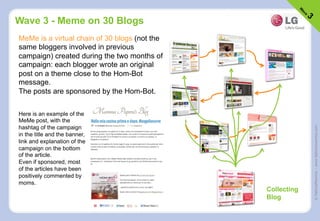 ©FattoreMamma–www.fattoremamma.com
Wave 3 - Meme on 30 Blogs
MeMe is a virtual chain of 30 blogs (not the
same bloggers involved in previous
campaign) created during the two months of
campaign: each blogger wrote an original
post on a theme close to the Hom-Bot
message.
The posts are sponsored by the Hom-Bot.
Here is an example of the
MeMe post, with the
hashtag of the campaign
in the title and the banner,
link and explanation of the
campaign on the bottom
of the article.
Even if sponsored, most
of the articles have been
positively commented by
moms.
Collecting
Blog
 