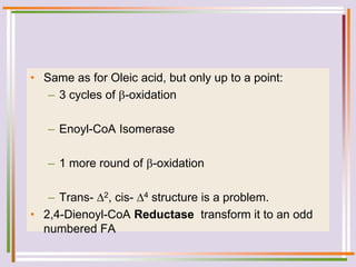 • Same as for Oleic acid, but only up to a point:
– 3 cycles of -oxidation
– Enoyl-CoA Isomerase
– 1 more round of -oxidation
– Trans- 2, cis- 4 structure is a problem.
• 2,4-Dienoyl-CoA Reductase transform it to an odd
numbered FA
 