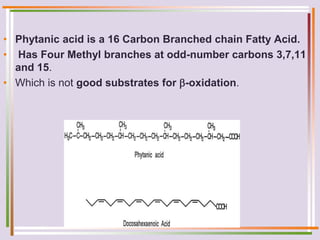 • Phytanic acid is a 16 Carbon Branched chain Fatty Acid.
• Has Four Methyl branches at odd-number carbons 3,7,11
and 15.
• Which is not good substrates for -oxidation.
 